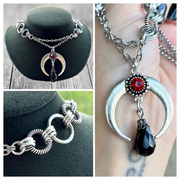 Handmade maille choker necklace silver up side down moon lunula red black stone - Picture 2 of 15